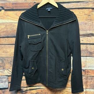 Tommy Hilfiger Black Sweater Jacket with Ribbed Collar and gold zippers